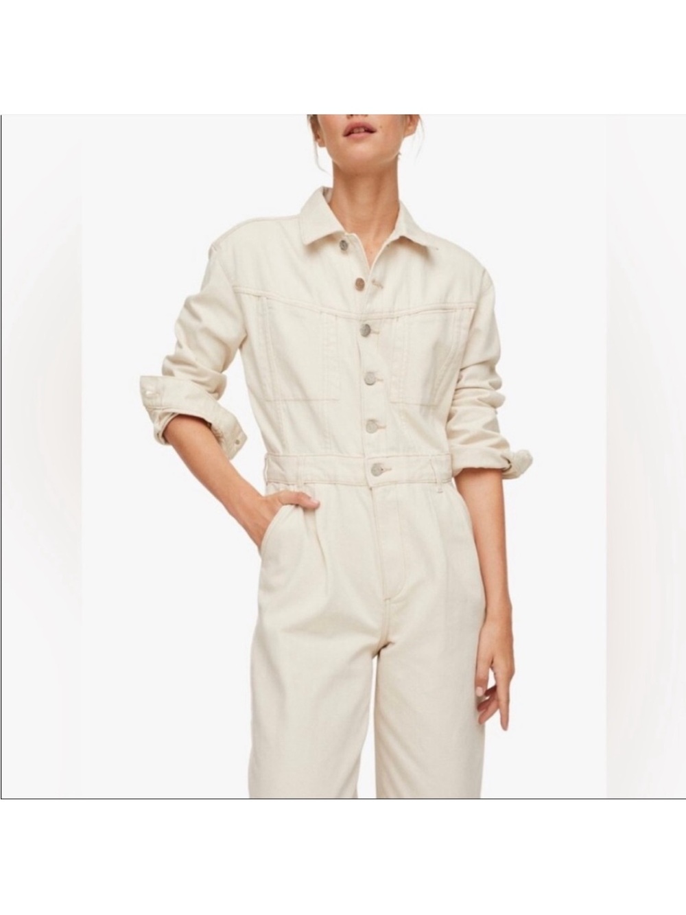 Mango Cream Button-Front Utility Jumpsuit